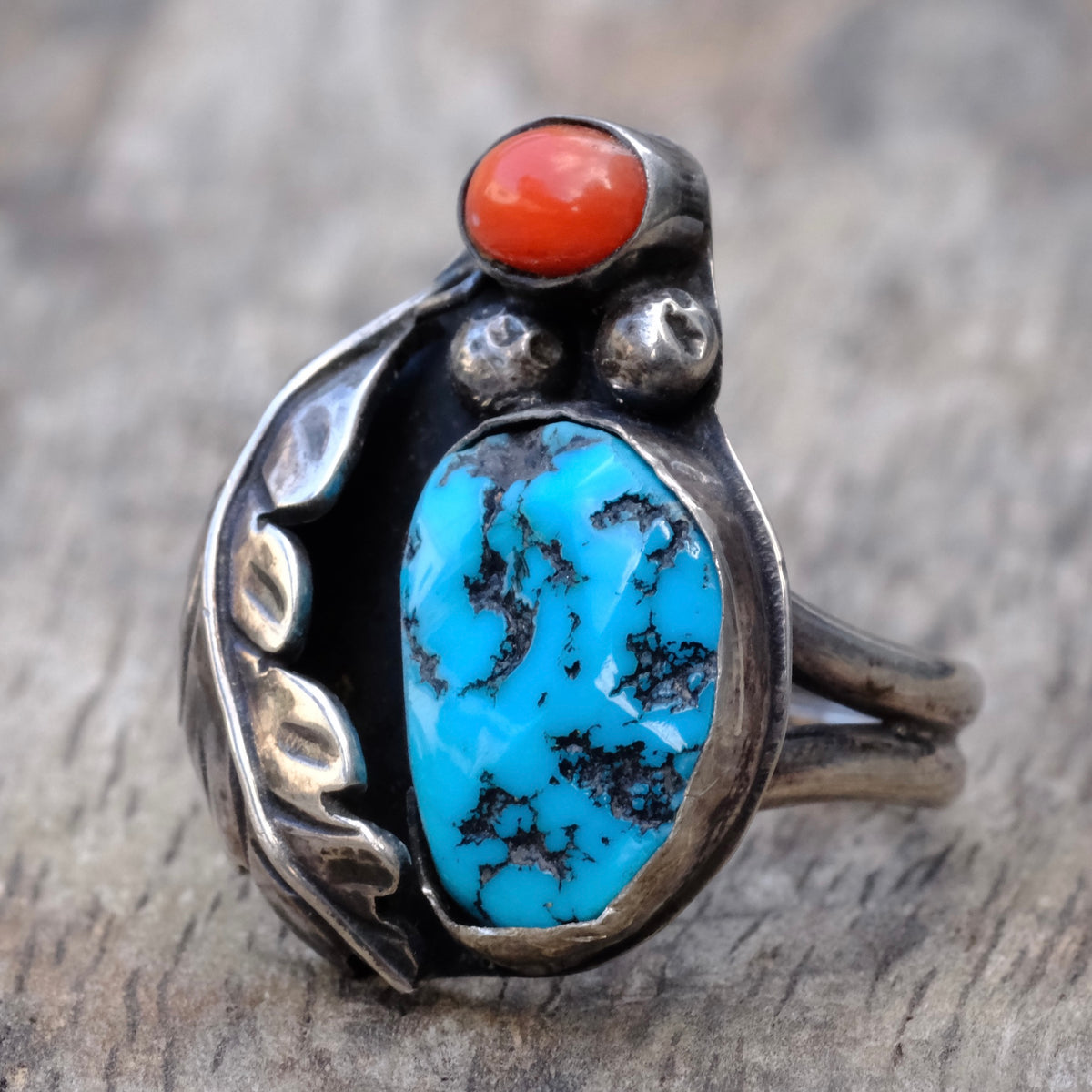 Vintage Sterling Turquoise and Coral Feather Ring 7