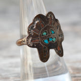 Vintage Sterling Turquoise and Coral Inlay Headdress Ring 7.75