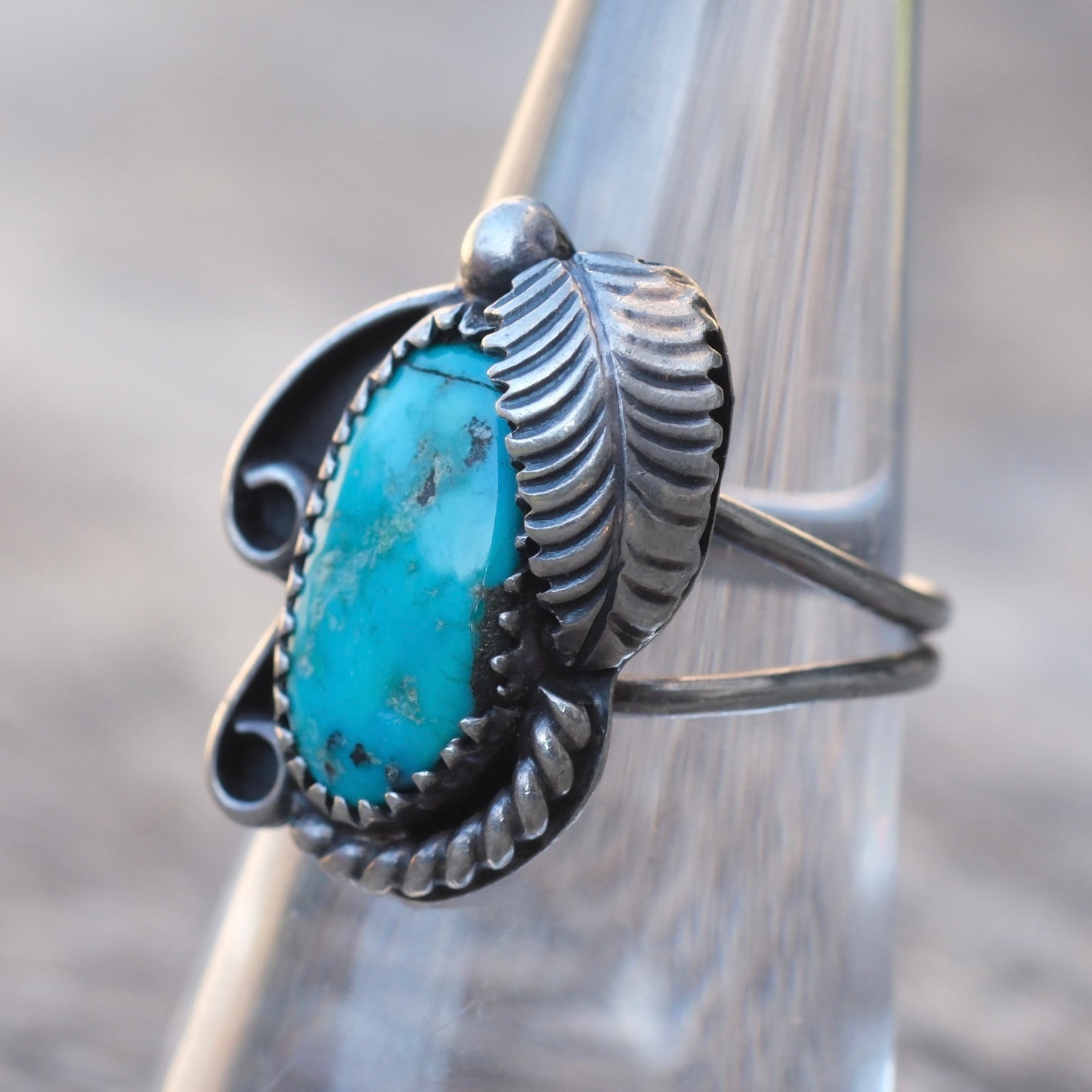 Vintage Sterling Turquoise Feather Ring 7
