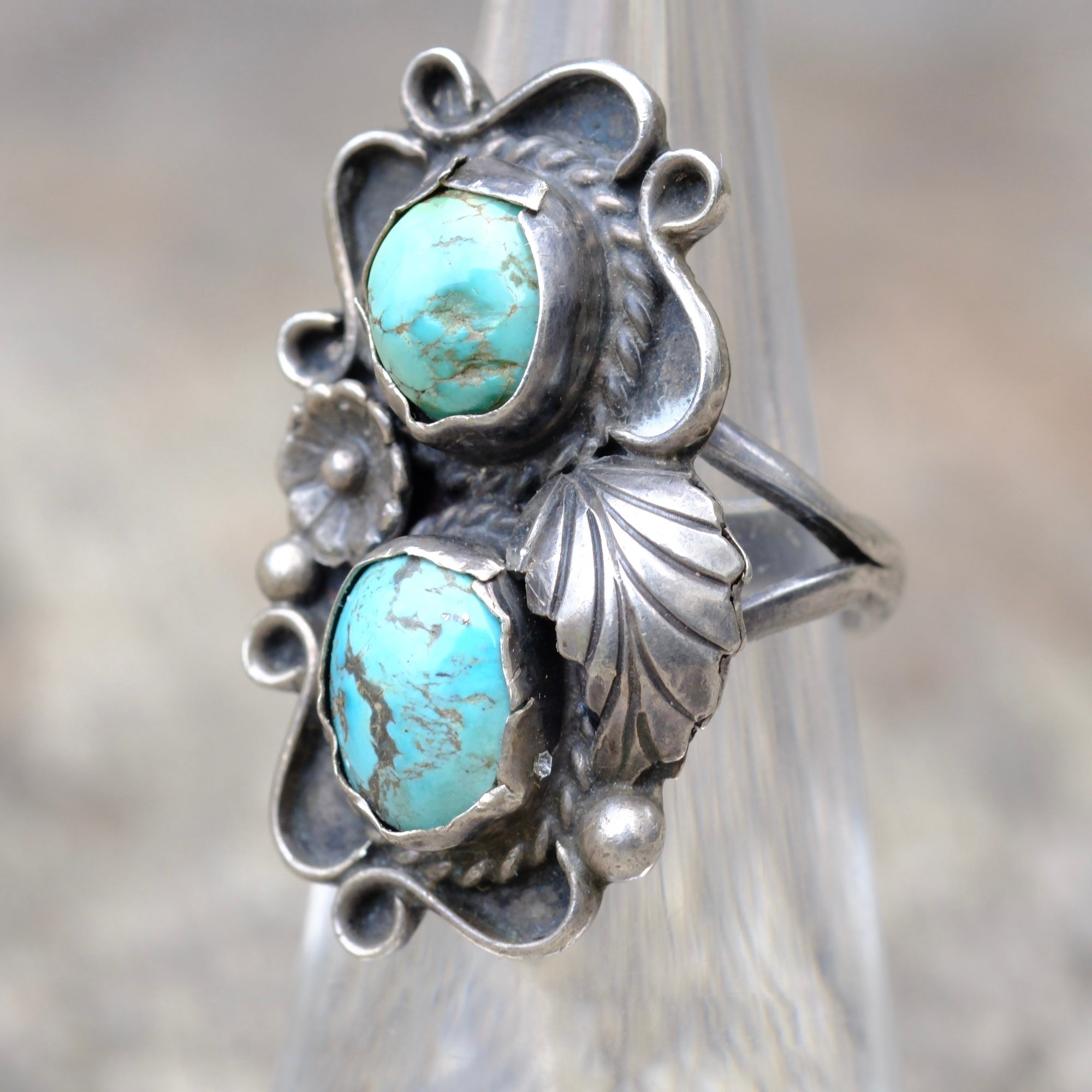 Vintage Sterling 2-Stone Turquoise Feather Ring 5.75