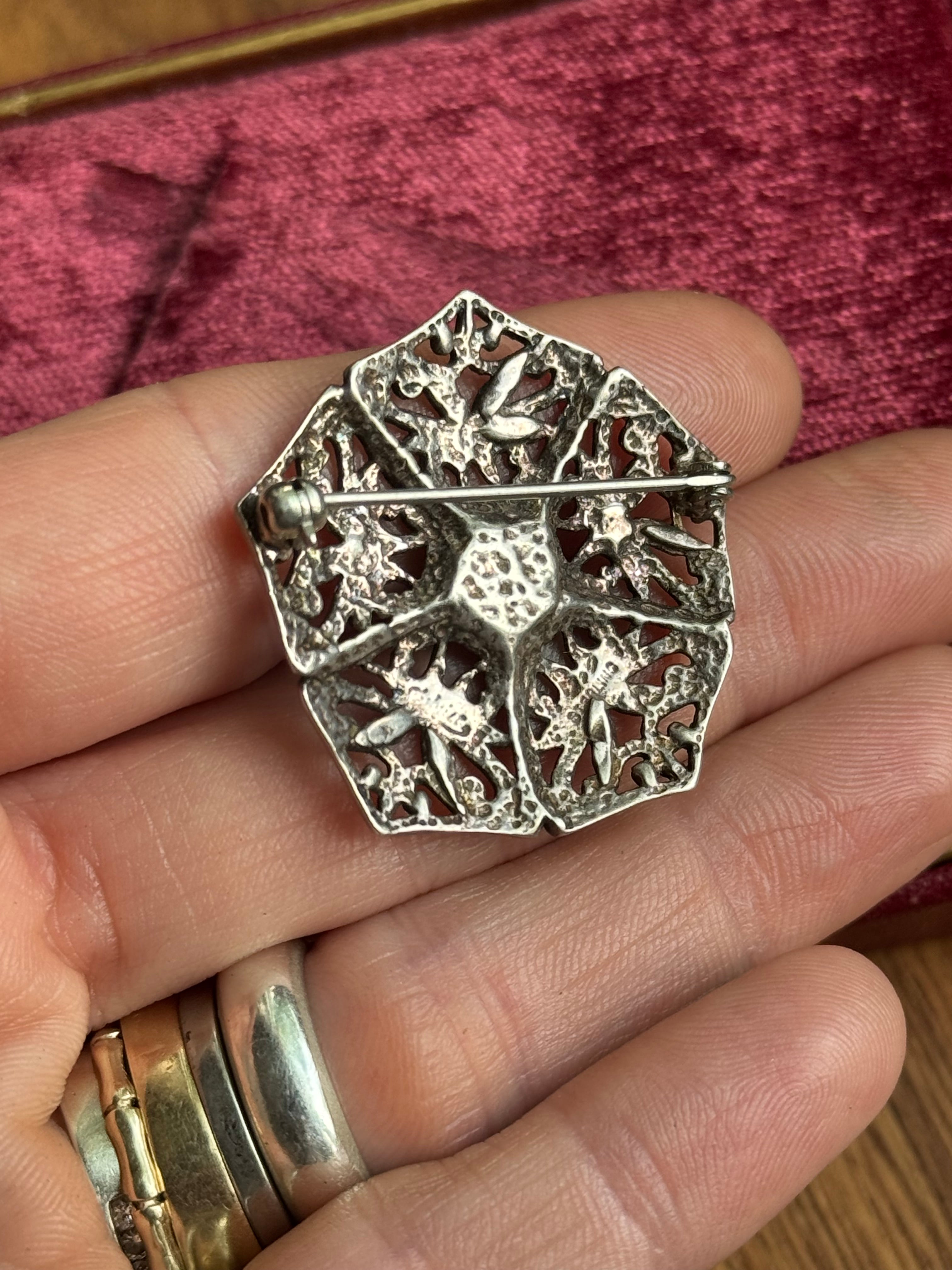 Vintage Sterling Silver Block Turquoise Filigree Flower Pin