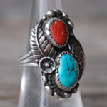 Vintage Sterling Turquoise and Coral Feather Ring 6.5