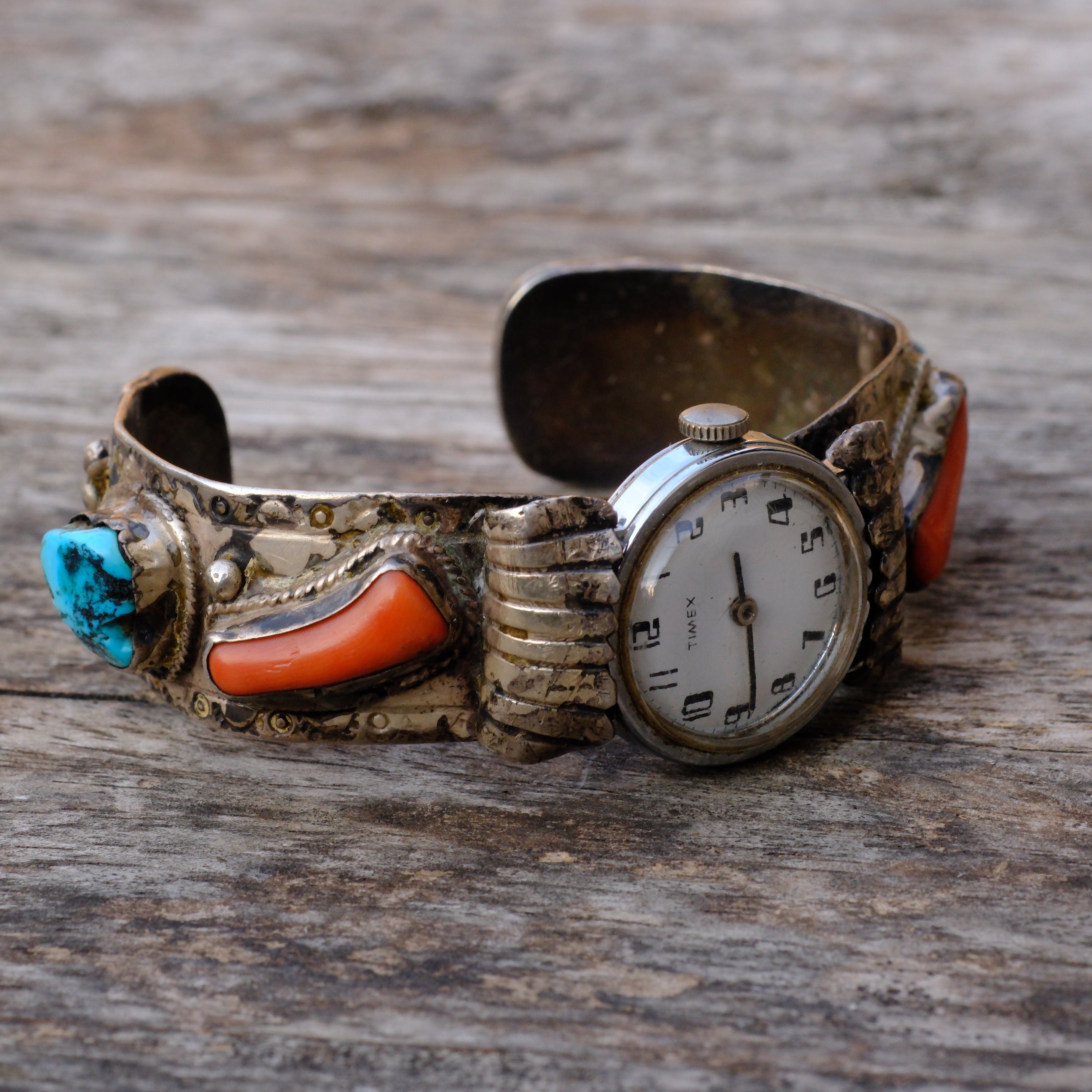 Vintage Sterling Turquoise and Coral Cuff Watch Cuff Bracelet
