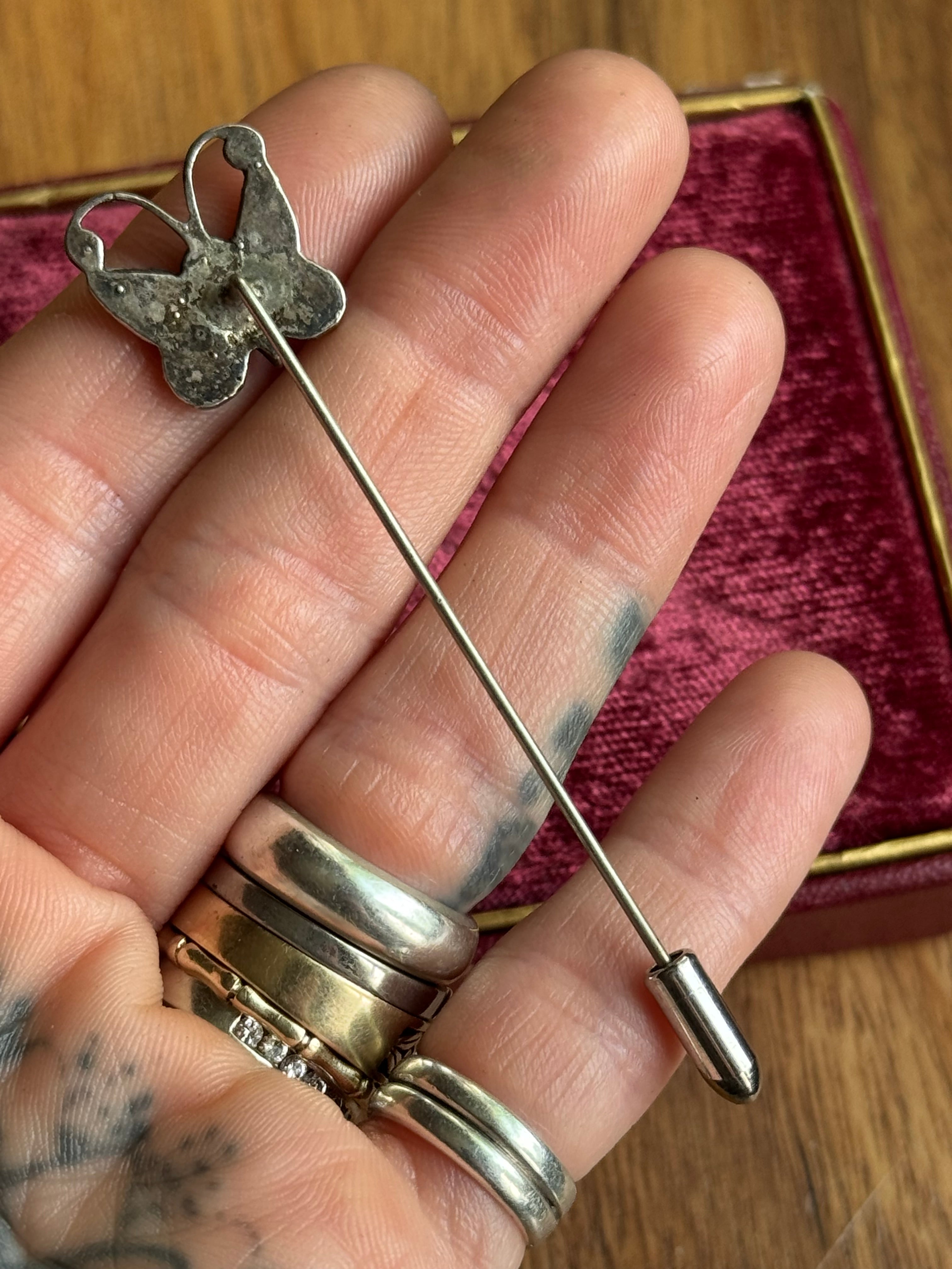 Vintage Sterling Silver Crushed Coral & Turquoise Butterfly Hat Pin