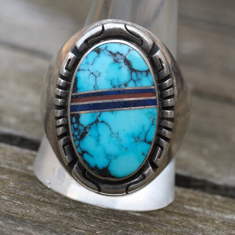 Vintage Sterling Turquoise Inlay Ring 12.75