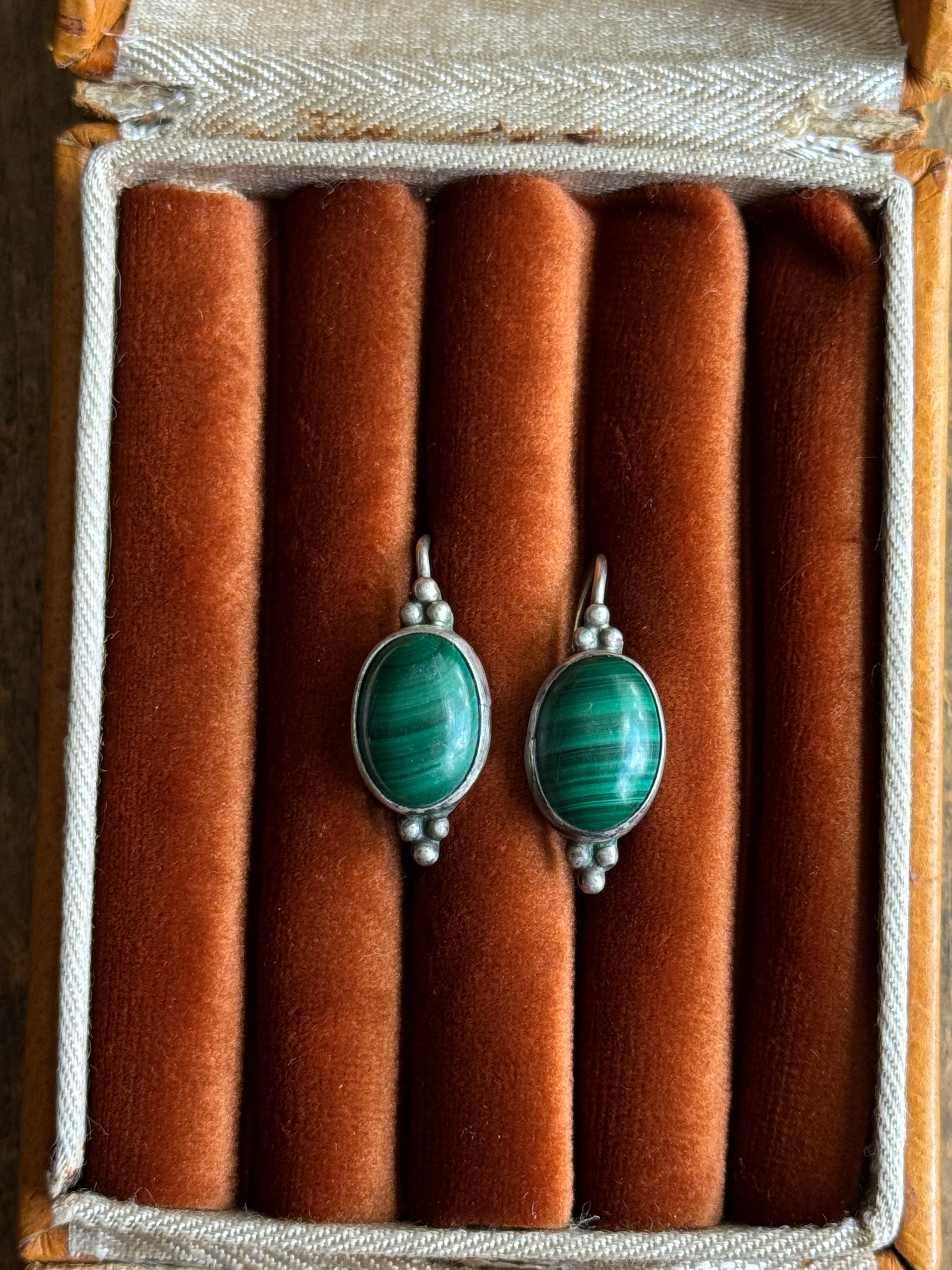 Vintage Sterling Silver Malachite Beaded Dangle earrings