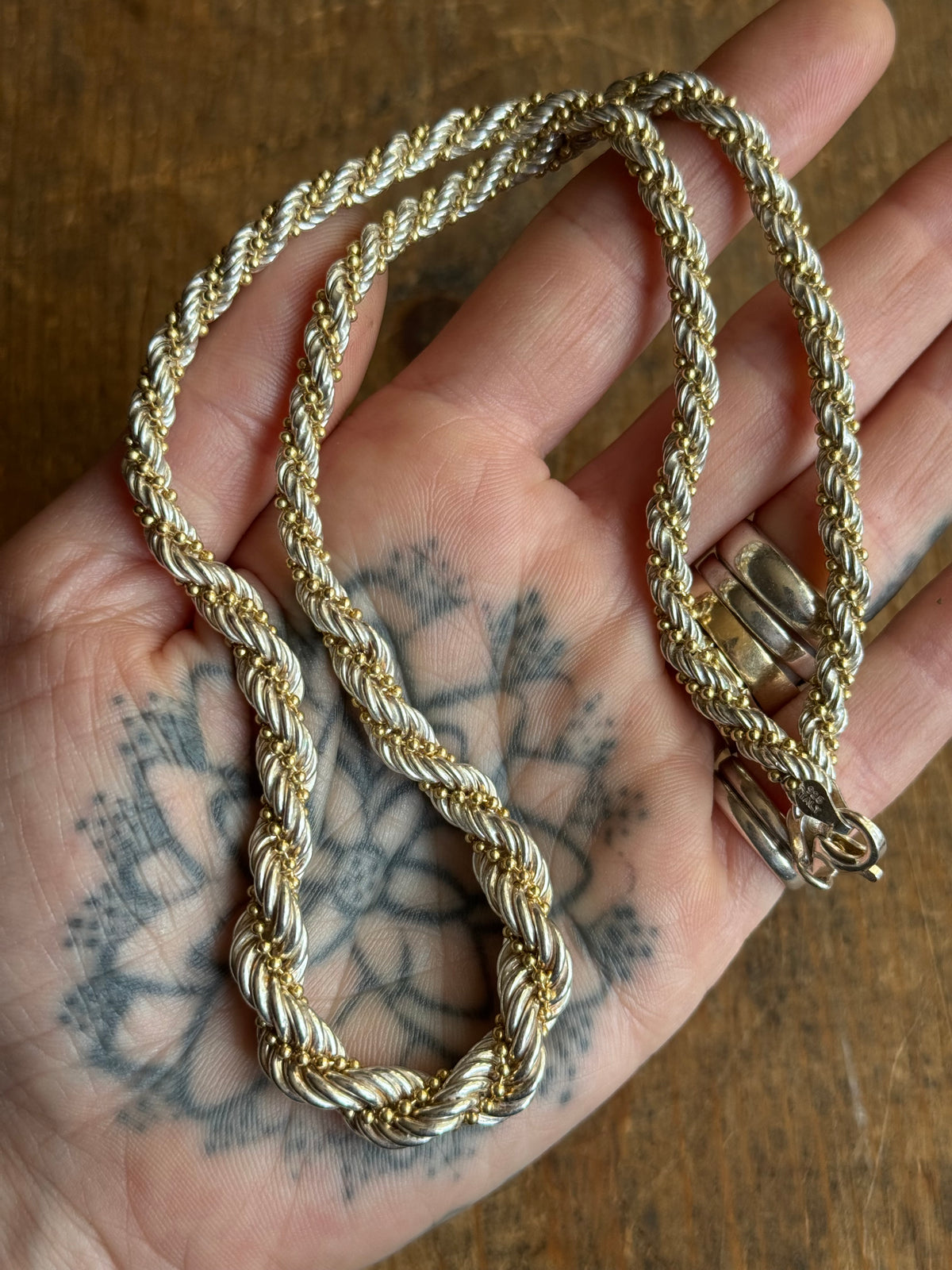 Vintage Sterling Silver 20” Rope & Gold Tone Bead Chain