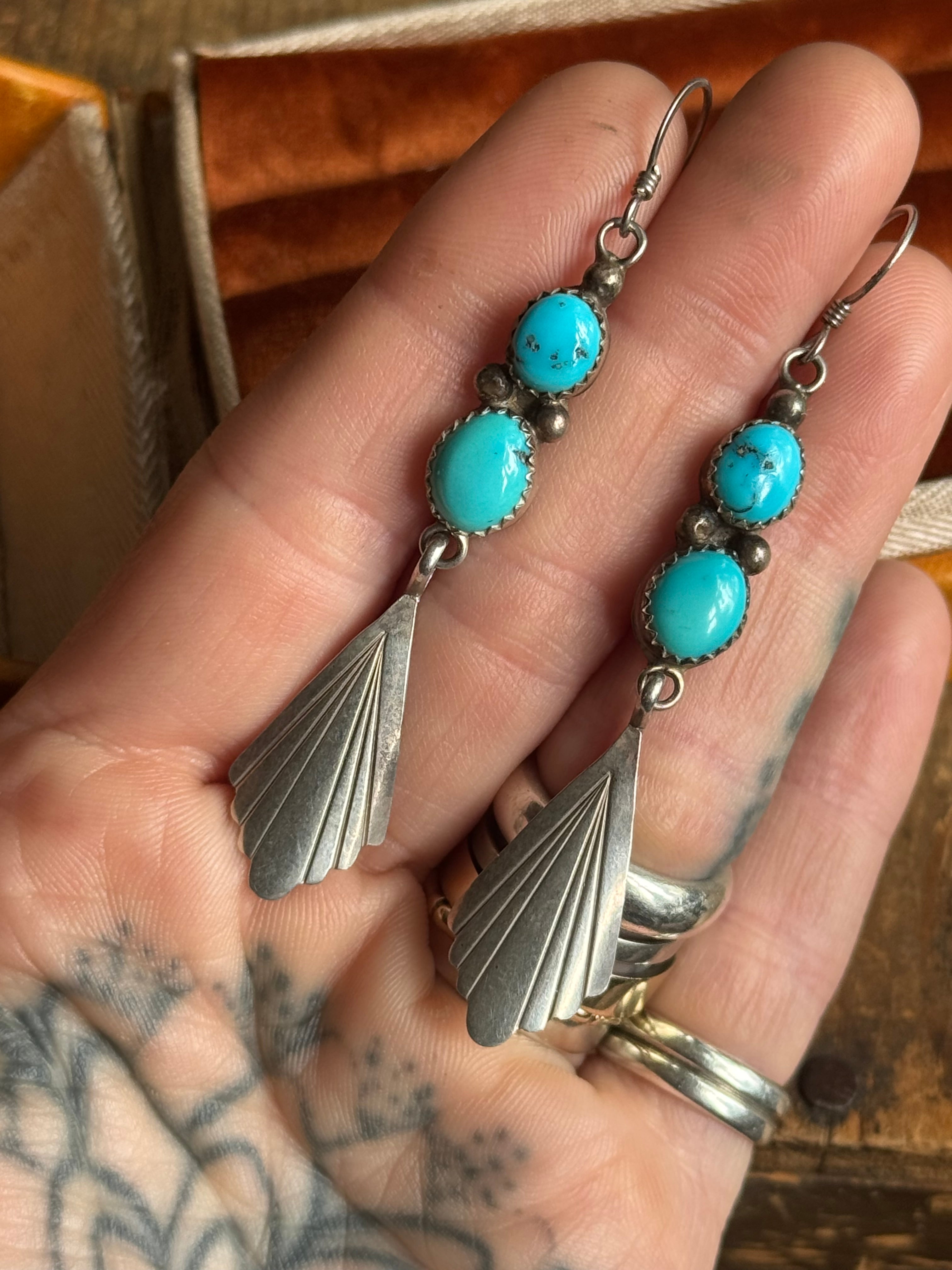 Vintage Sterling Silver Turquoise Fan Earrings