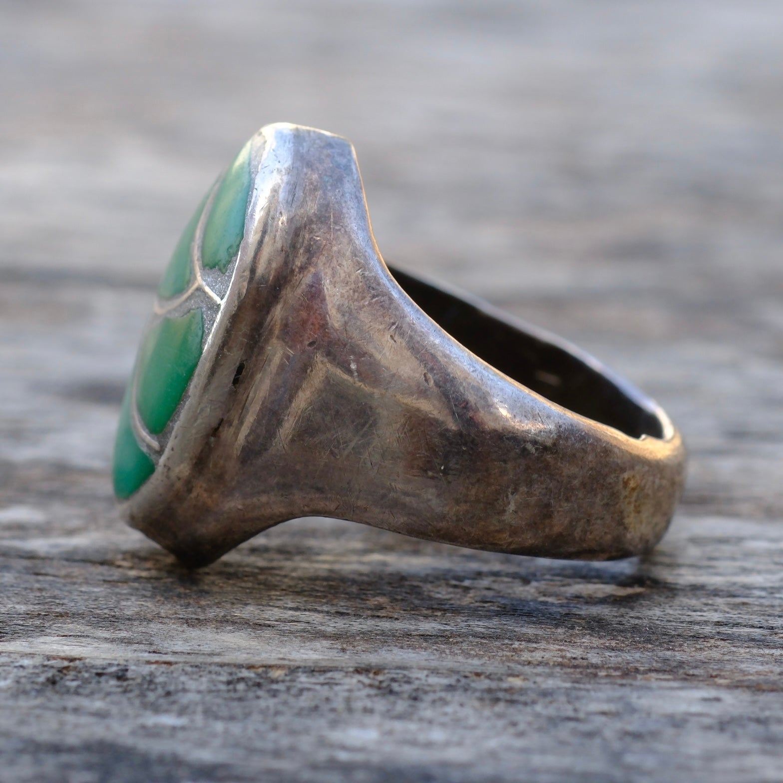 Vintage Sterling Turquoise Inlay Fishscale Ring 6.75