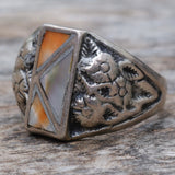 Vintage Sterling Mother Of Pearl and Spiny Oyster Inlay Floral Ring 9.5