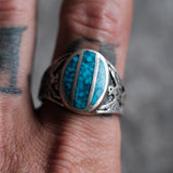 Vintage Sterling Crushed Turquoise Inlay Thunderbird Ring 12.5