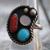 Vintage Sterling Turquoise Mop and Coral Roper Ring 8