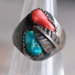 Vintage Sterling Turquoise and Coral Feather Ring 6
