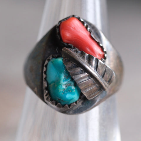 Vintage Sterling Turquoise and Coral Feather Ring 6