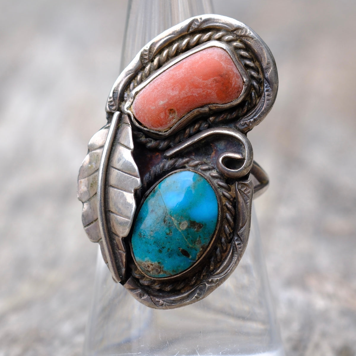Vintage Sterling Turquoise and Coral Feather Ring 6.5