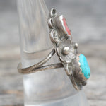Vintage Sterling Turquoise and Coral Feather Ring 8.5