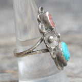 Vintage Sterling Turquoise and Coral Feather Ring 8.5