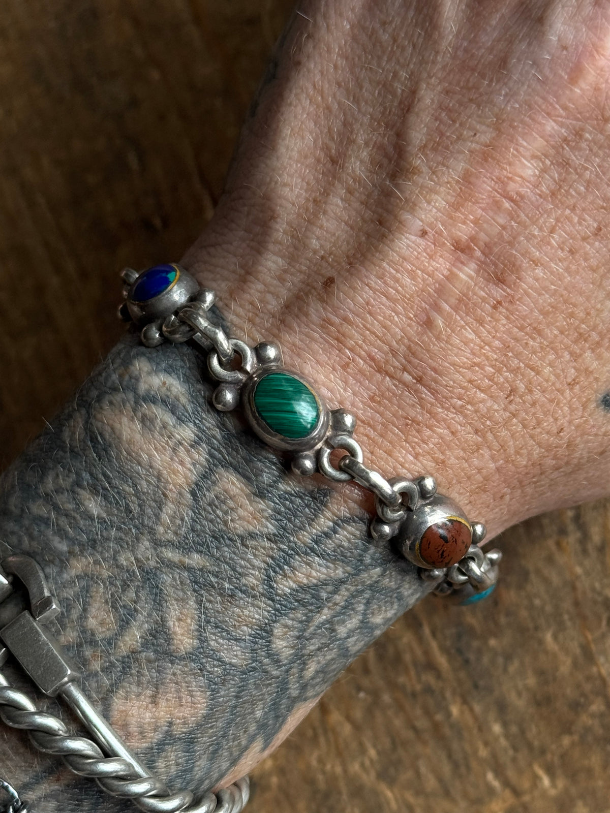 Vintage Sterling Silver Multistone Inlay Bracelet