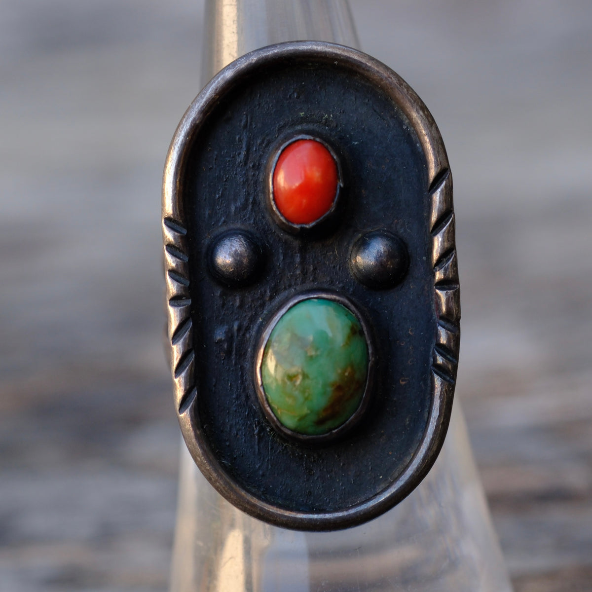 Vintage Sterling Turquoise and Coral Ring 6.25
