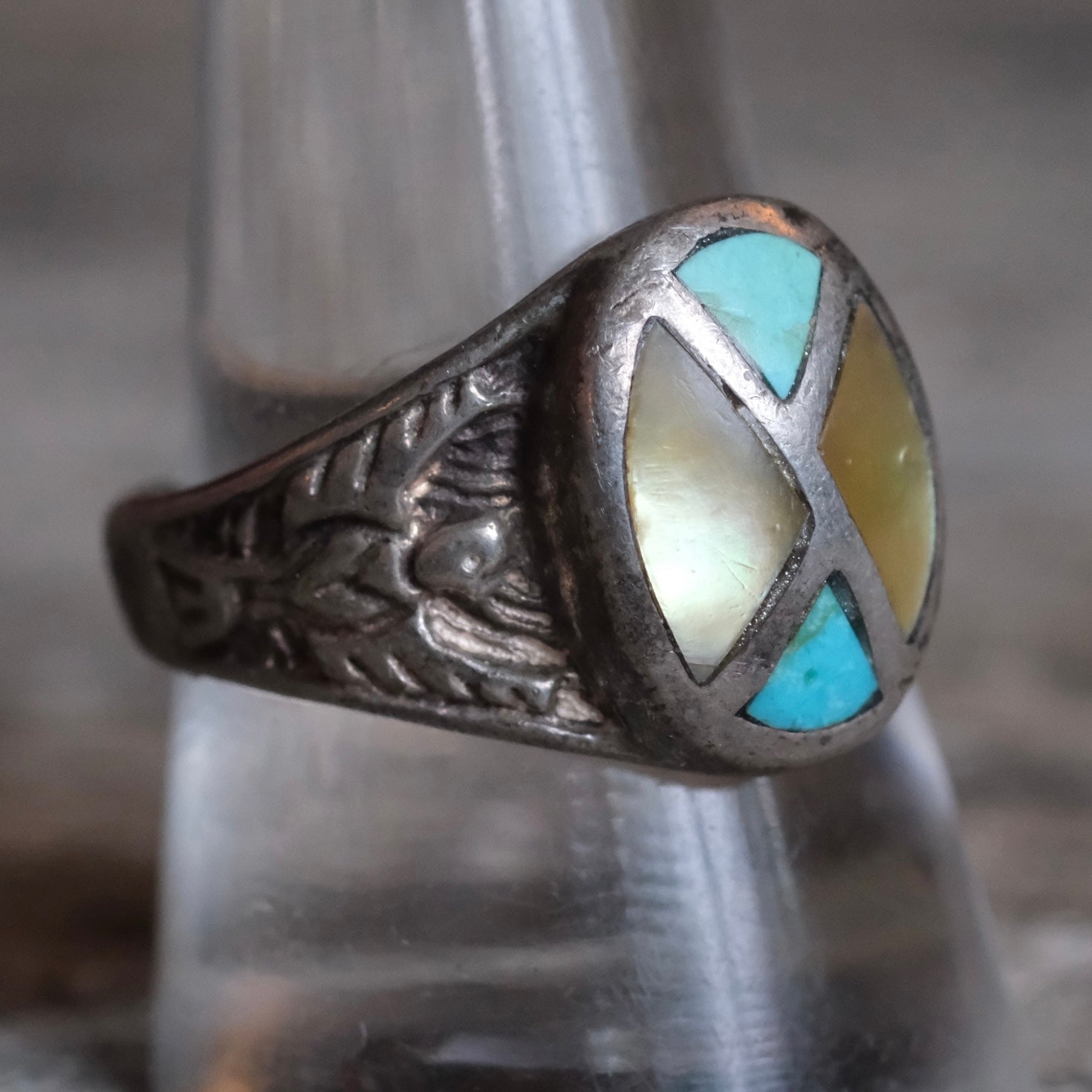 Vintage Sterling Turquoise and Mother Of Pearl Thunderbird Ring 10.25