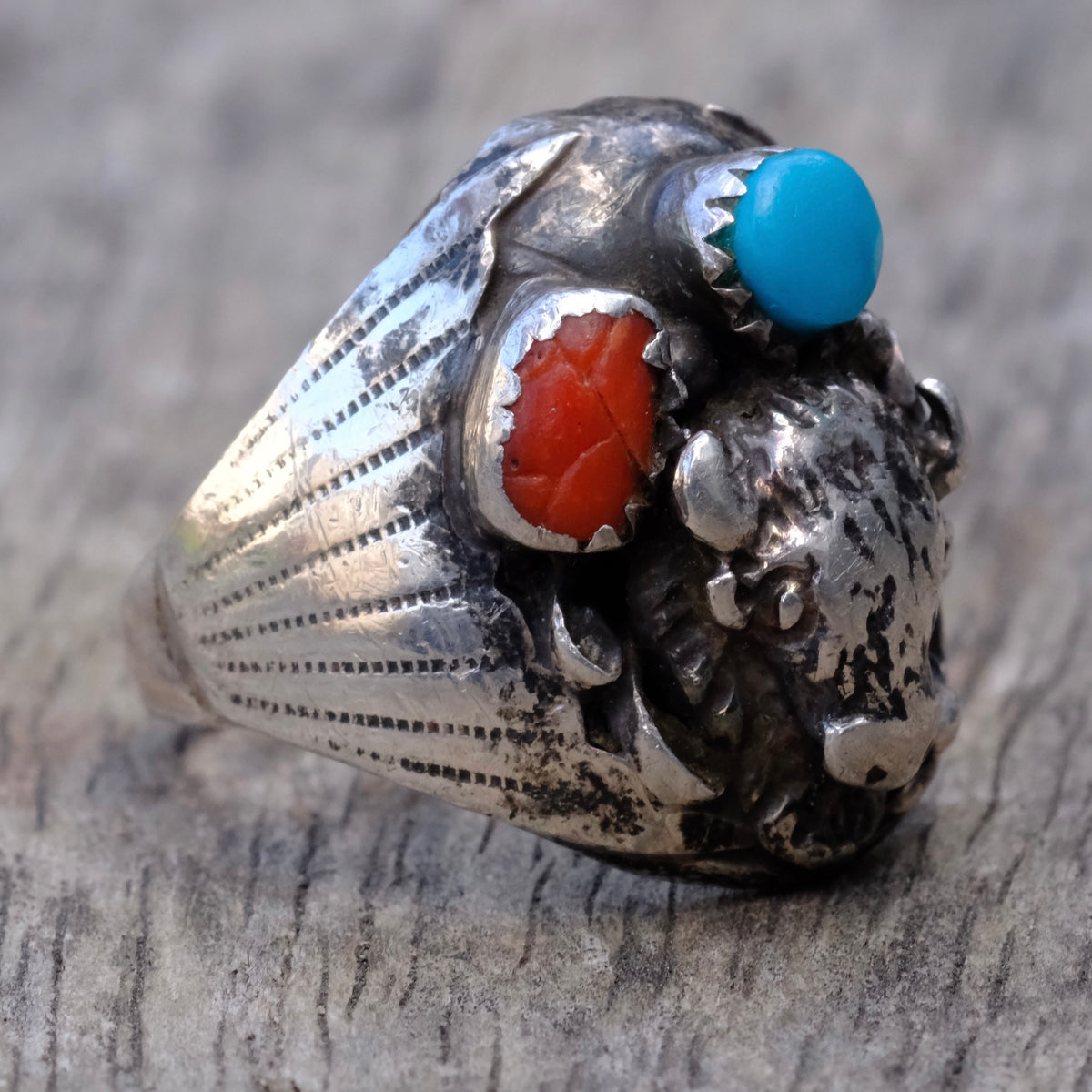 Vintage Sterling Turquoise and Coral Buffalo Ring 10.5