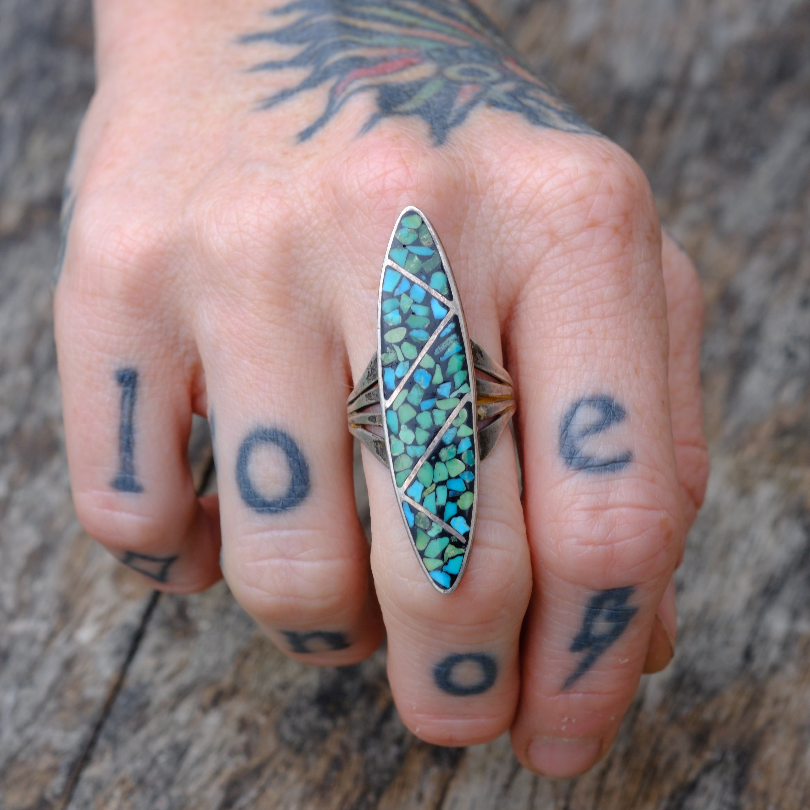 Vintage Sterling Turquoise Inlay Ring 7.75