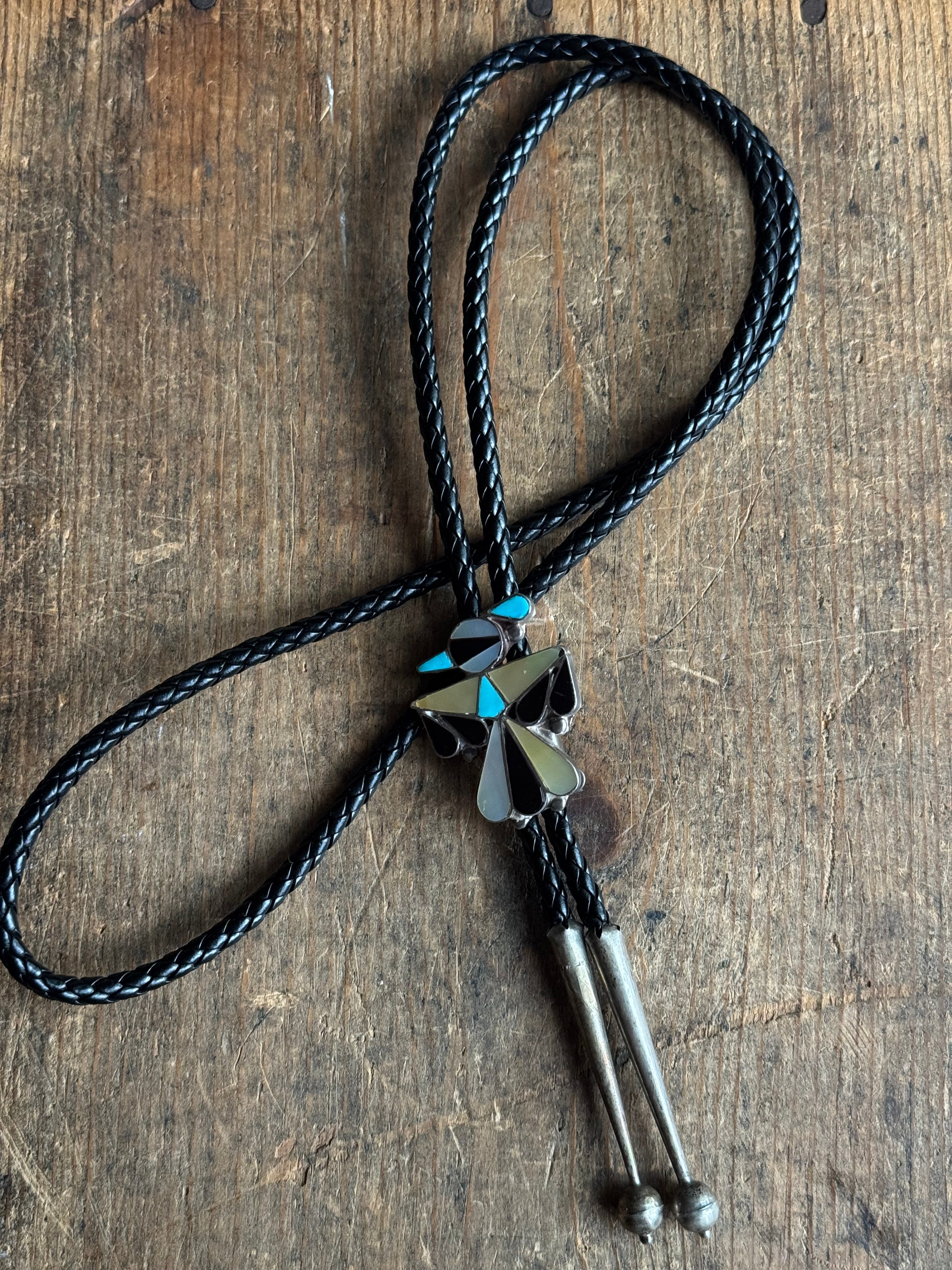 Vintage Sterling Silver Multistione Inlay Thunderbird Bolo
