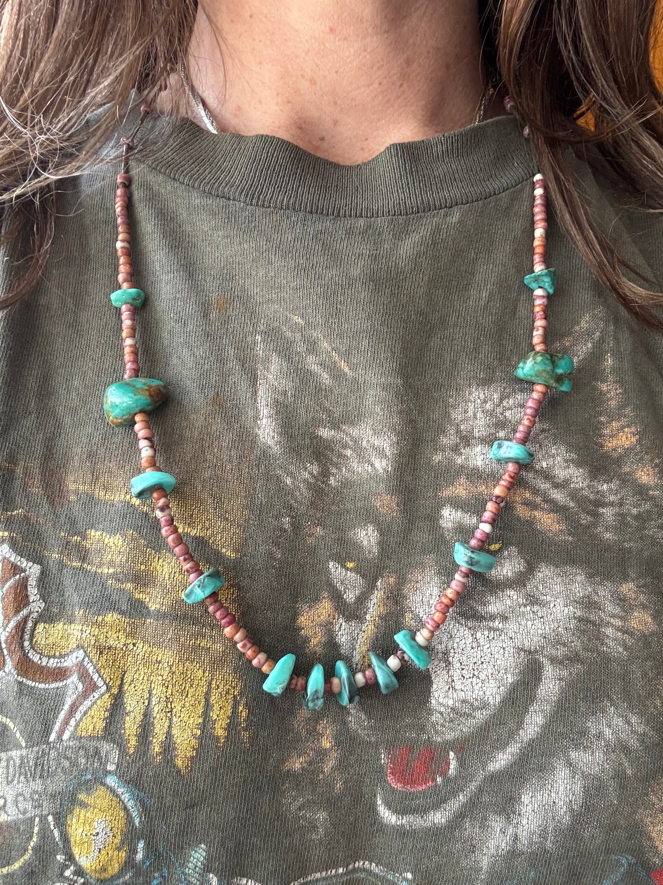 Vintage Sterlings Silver Bead Raw Turquoise Coral & Shell Necklace
