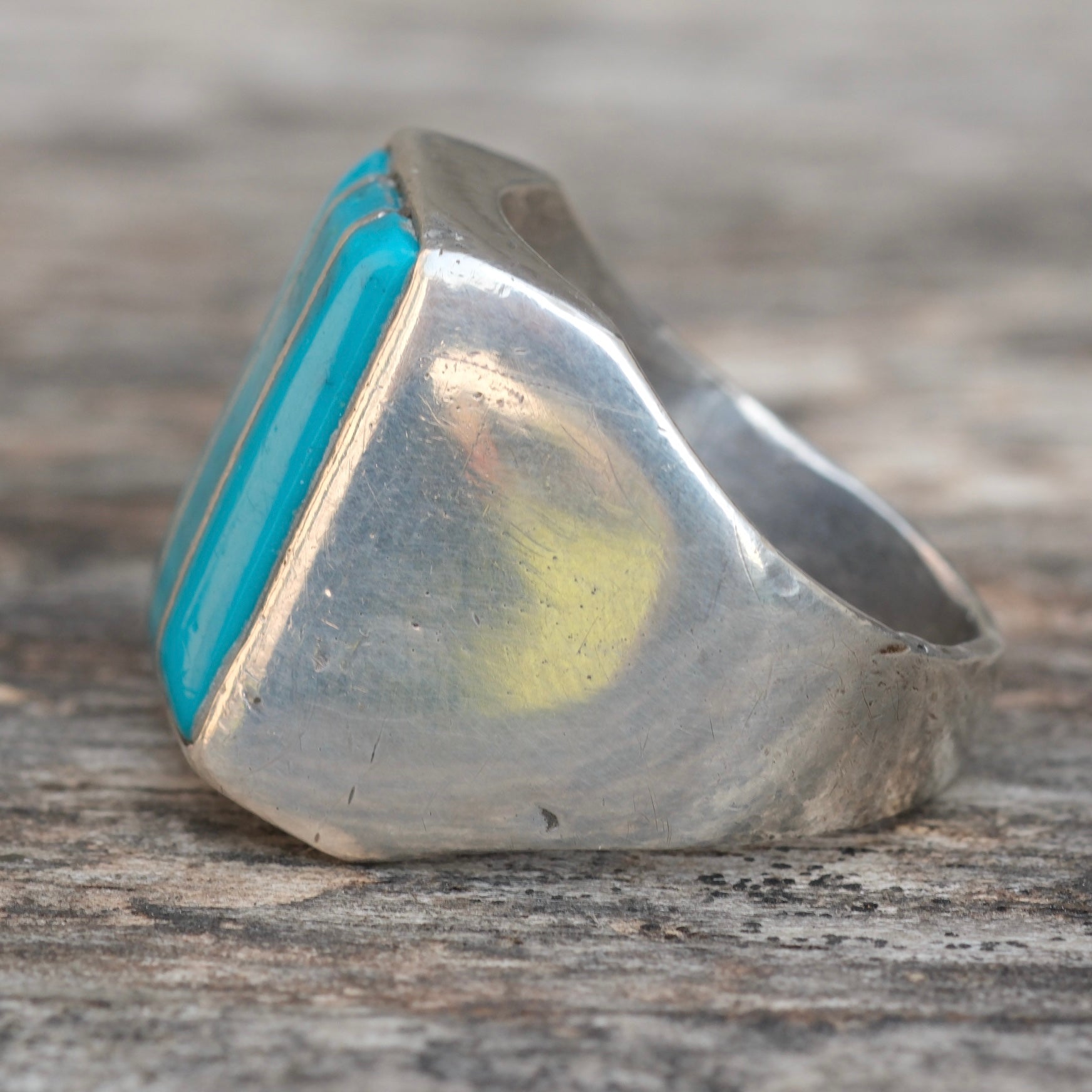 Vintage Sterling Turquoise Inlay Striper Ring 9.75