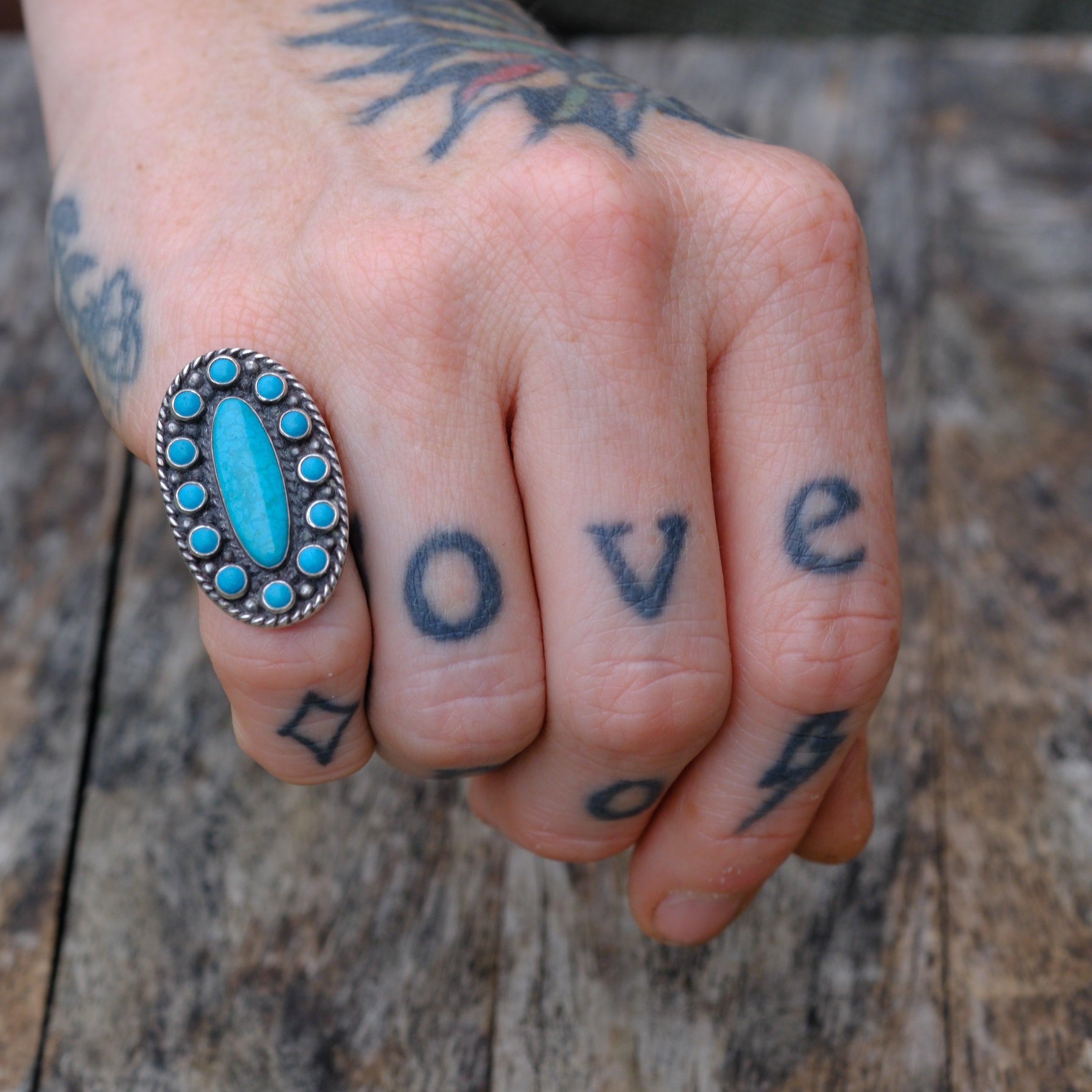Vintage Sterling Turquoise Cluster Ring 5
