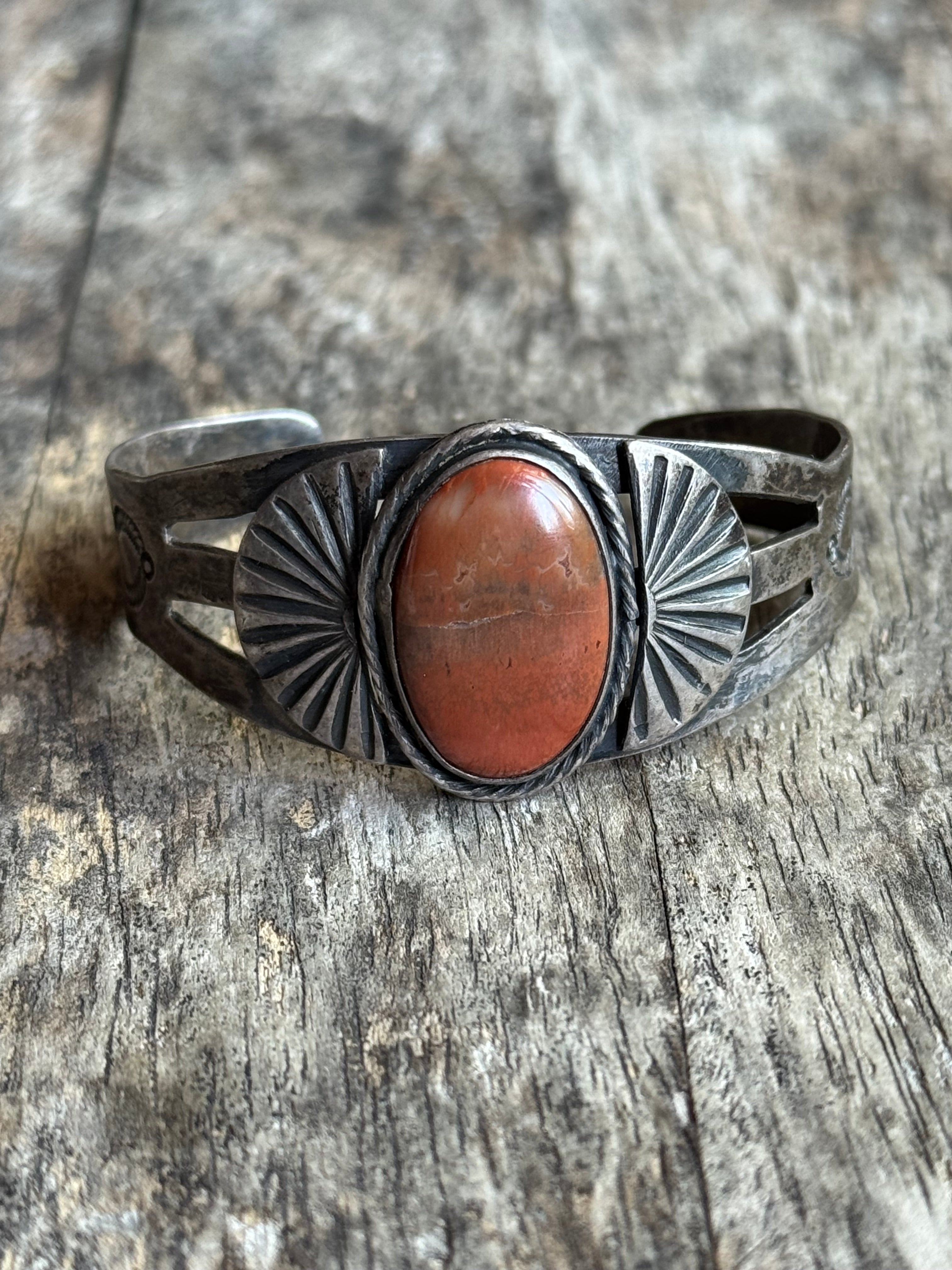 Vintage Sterling Silver Old Pawn Agate Stamped Fan Cuff