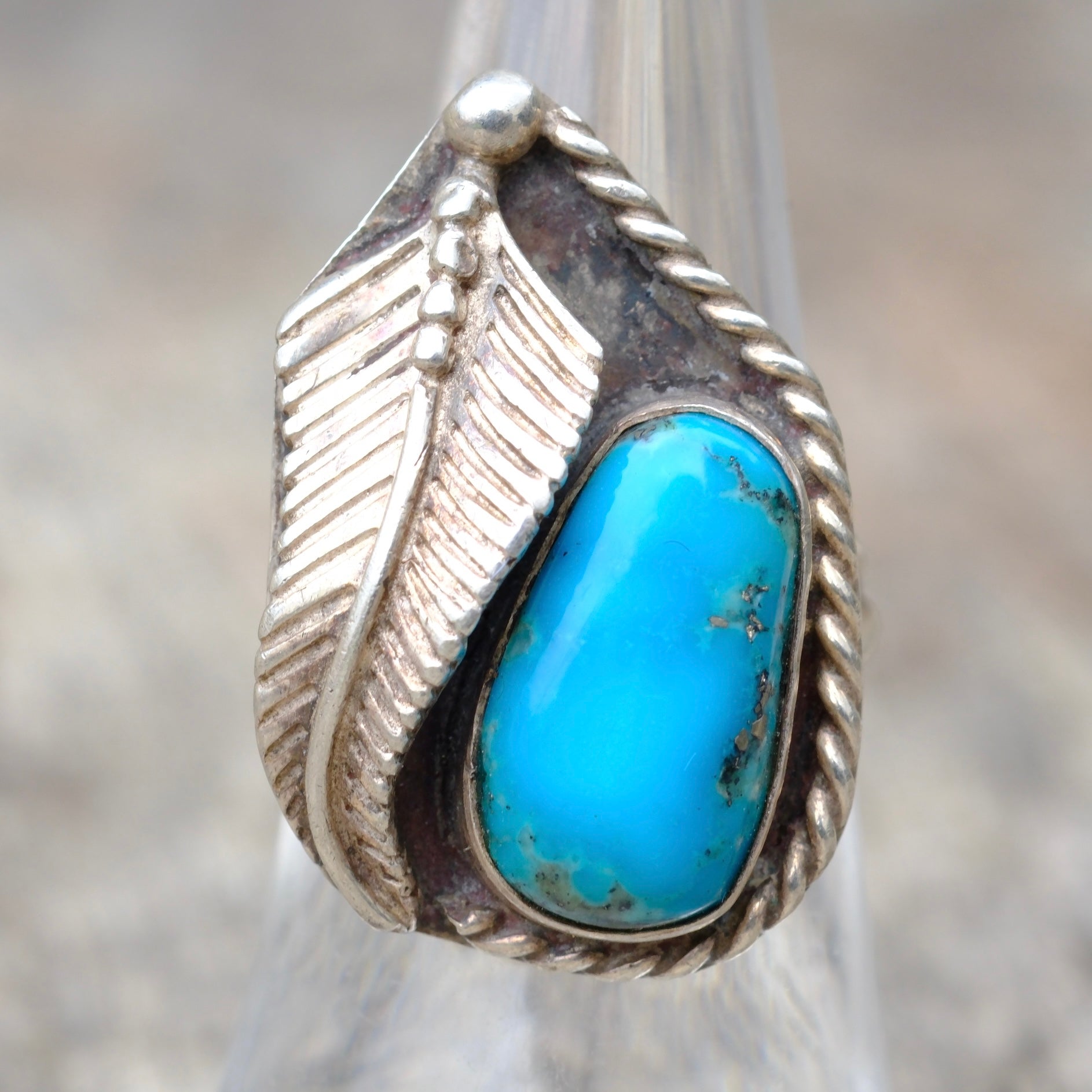 Vintage Sterling Turquoise Feather Ring 6.5