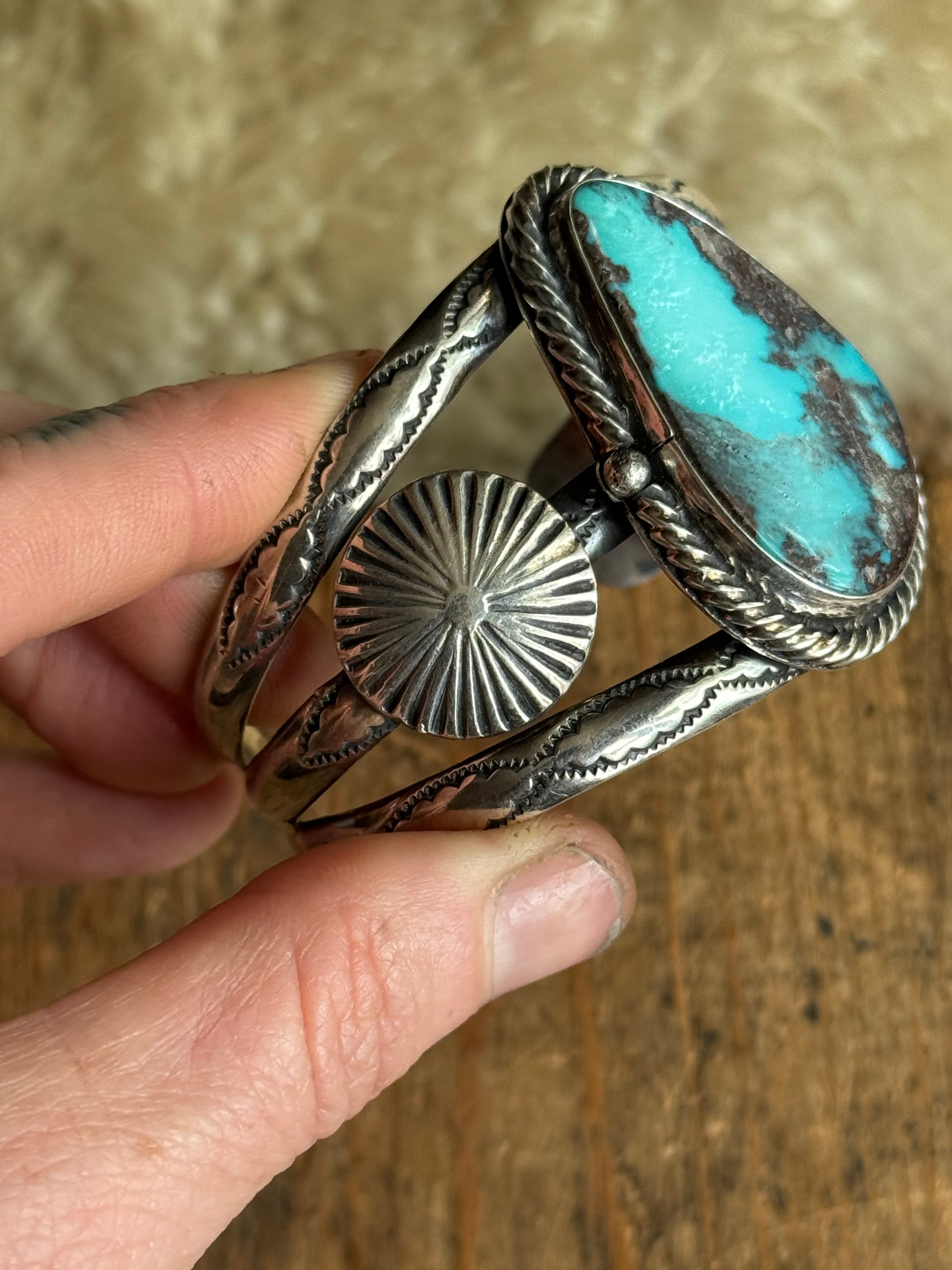 Vintage Sterling Silver Stamped Turquoise Sun Coin Cuff