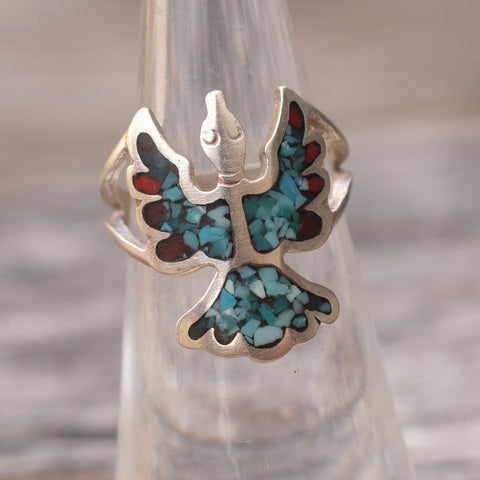 Vintage Sterling Turquoise and Coral Inlay Thunderbird Ring 4.75