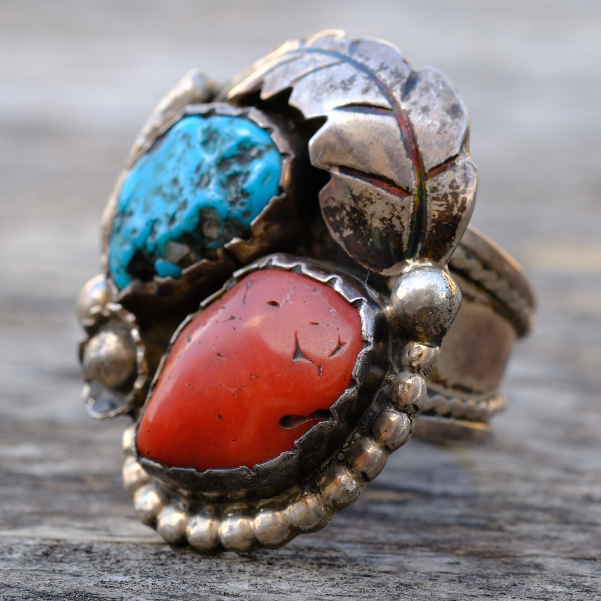 Vintage Sterling Turquoise and Coral Feather Ring 11.75