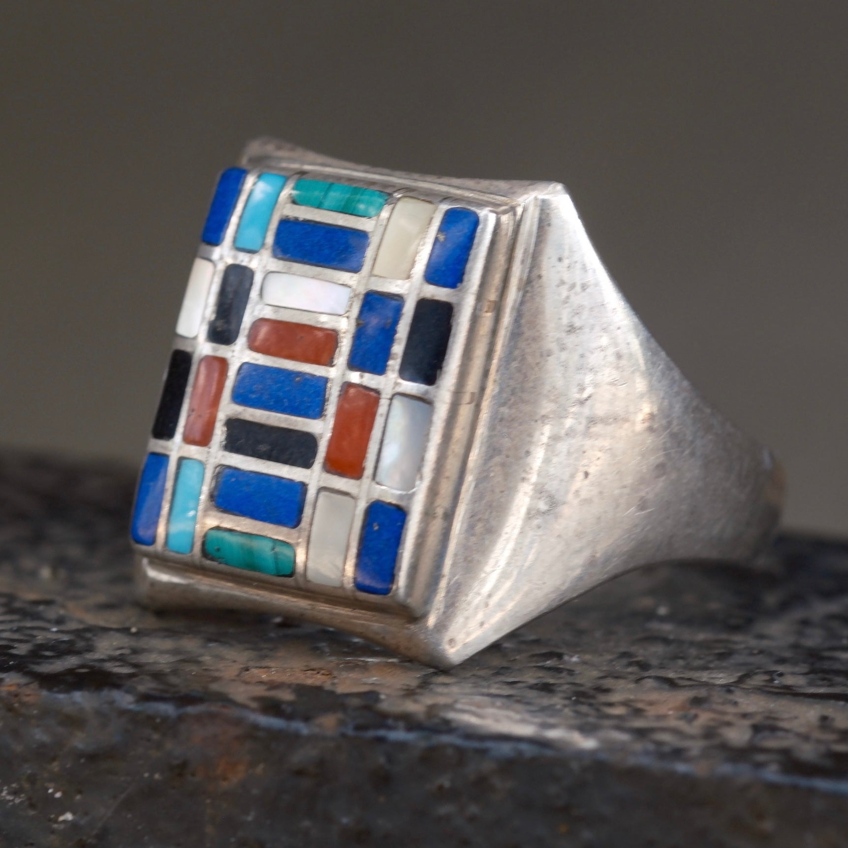 Vintage Sterling Mulstione Inlay Panel Ring 12.25