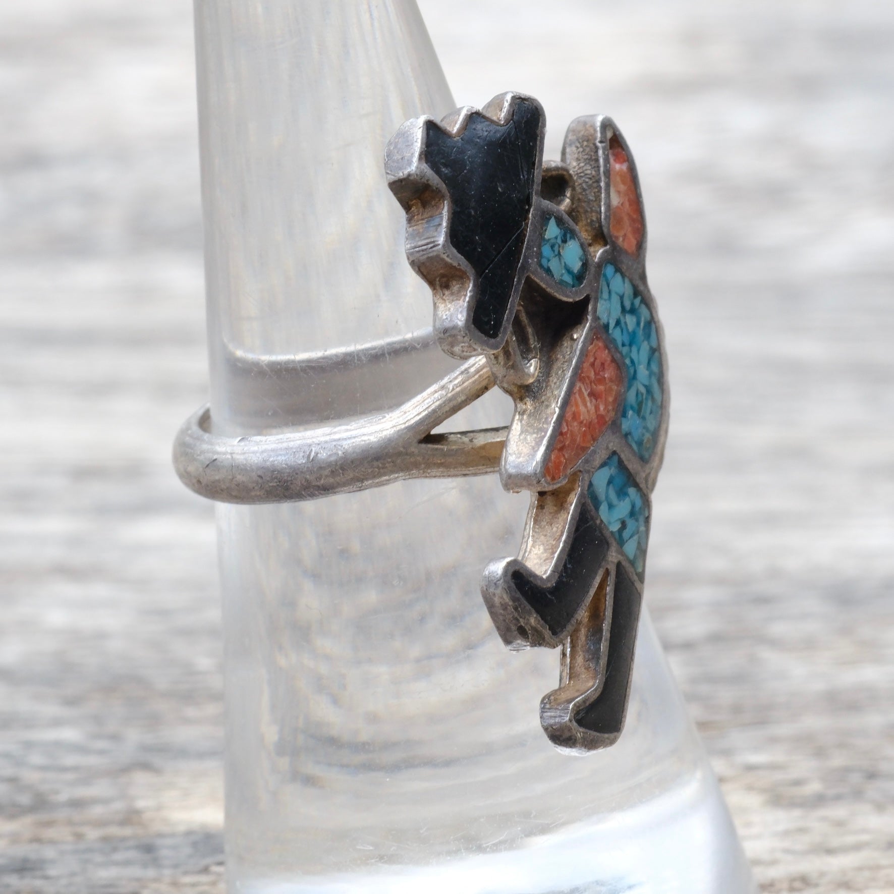Vintage Sterling Turquoise and Coral Inlay Dancer Ring 7