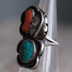 Vintage Sterling Turquoise and Coral Feather Ring 3.75