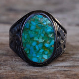 Vintage Sterling Turquoise Chip Inlay Thunderbird Ring 10