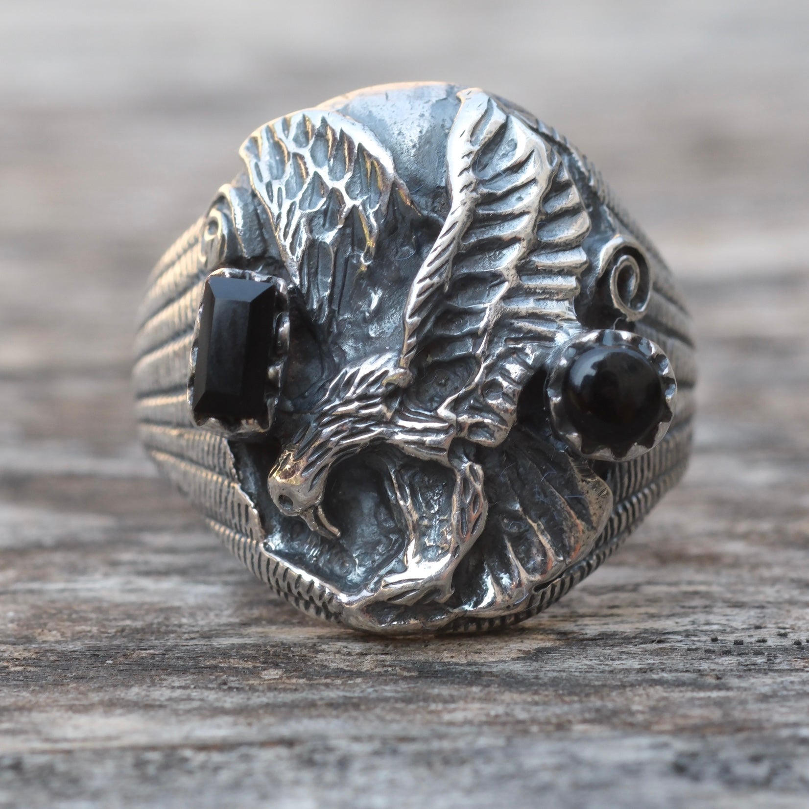 Vintage Sterling Onyx Eagle Ring 10.75