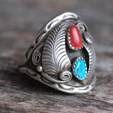 vintage Sterling Turquoise and Coral Feather Ring 12