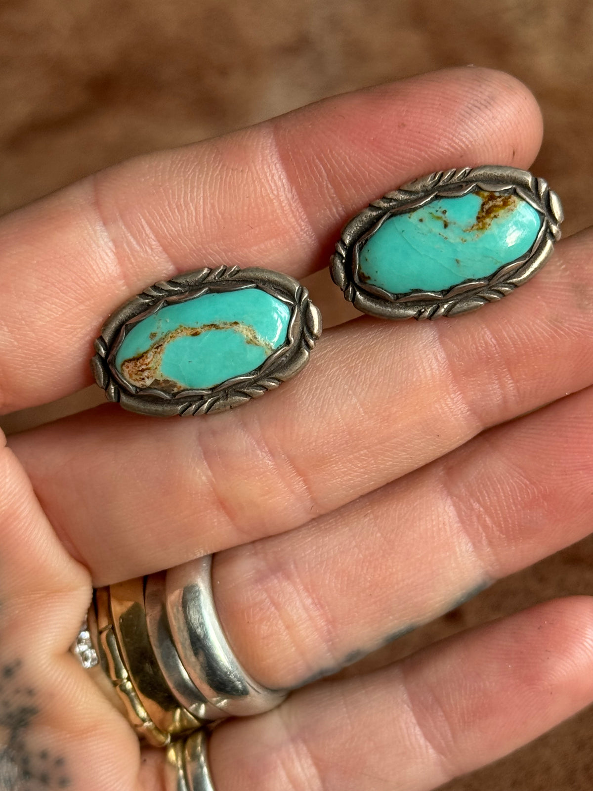 Vintage Sterling Silver Framed Turquoise Cufflinks
