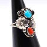 Vintage Sterling Turquoise and Coral Blossom Ring 5