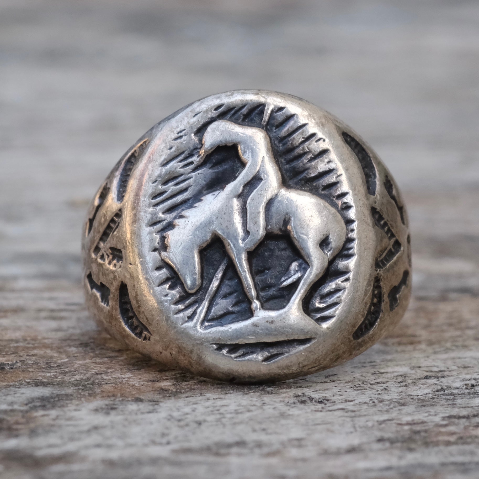 RARE Vintage Sterling Bells Trading Post End of Trail Signet Ring 8.25