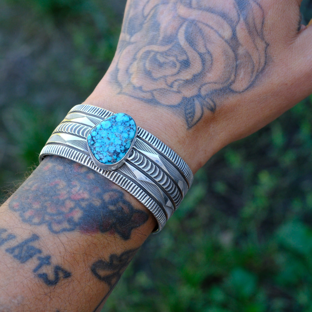 Alex Sanchez Sterling Silver Stamped Kingman Turquoise Cuff Bracelet