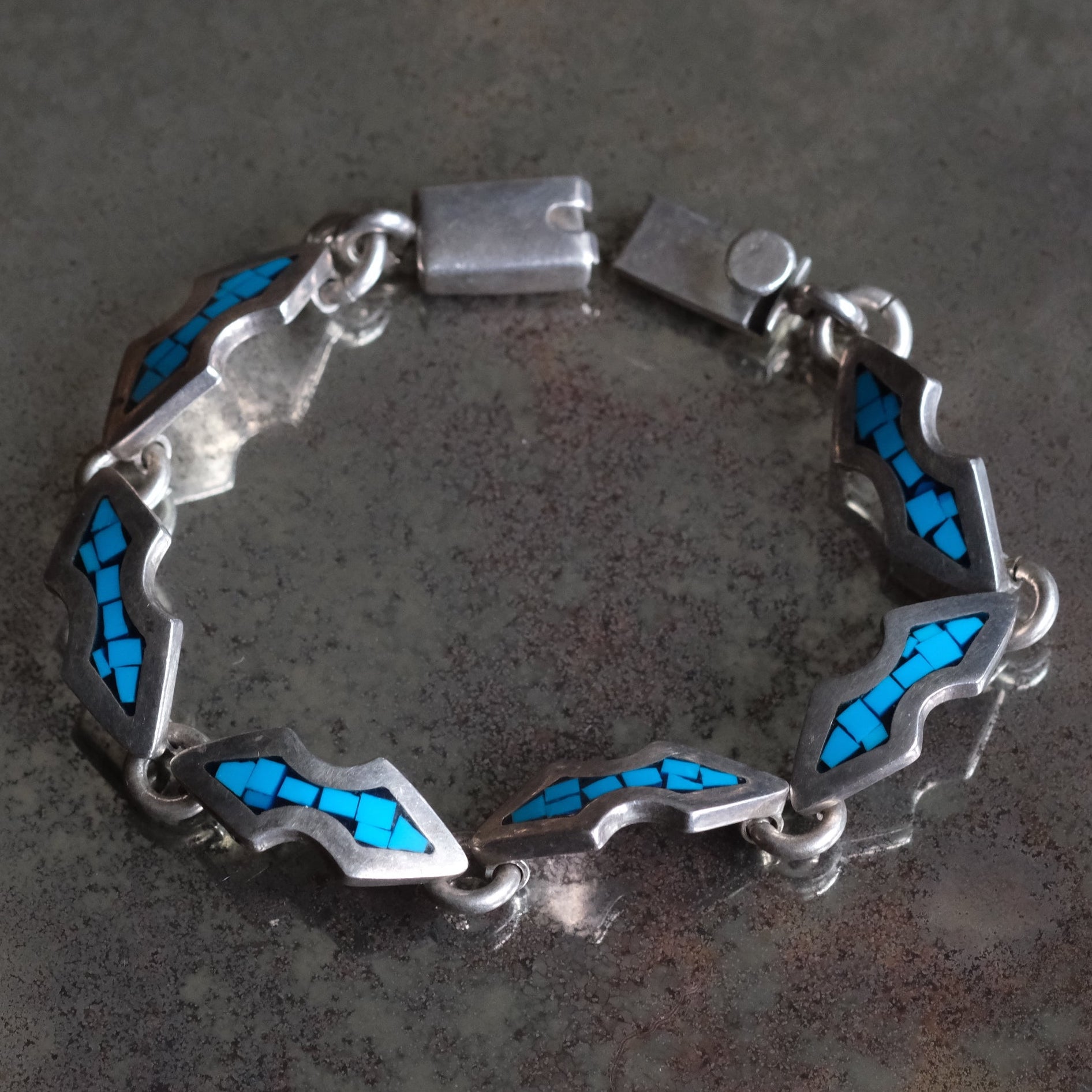 Vintage Sterling Turquoise Chip Inlay Bracelet 6.5"