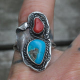 Vintage Sterling Turquoise and Coral Ring 5.75