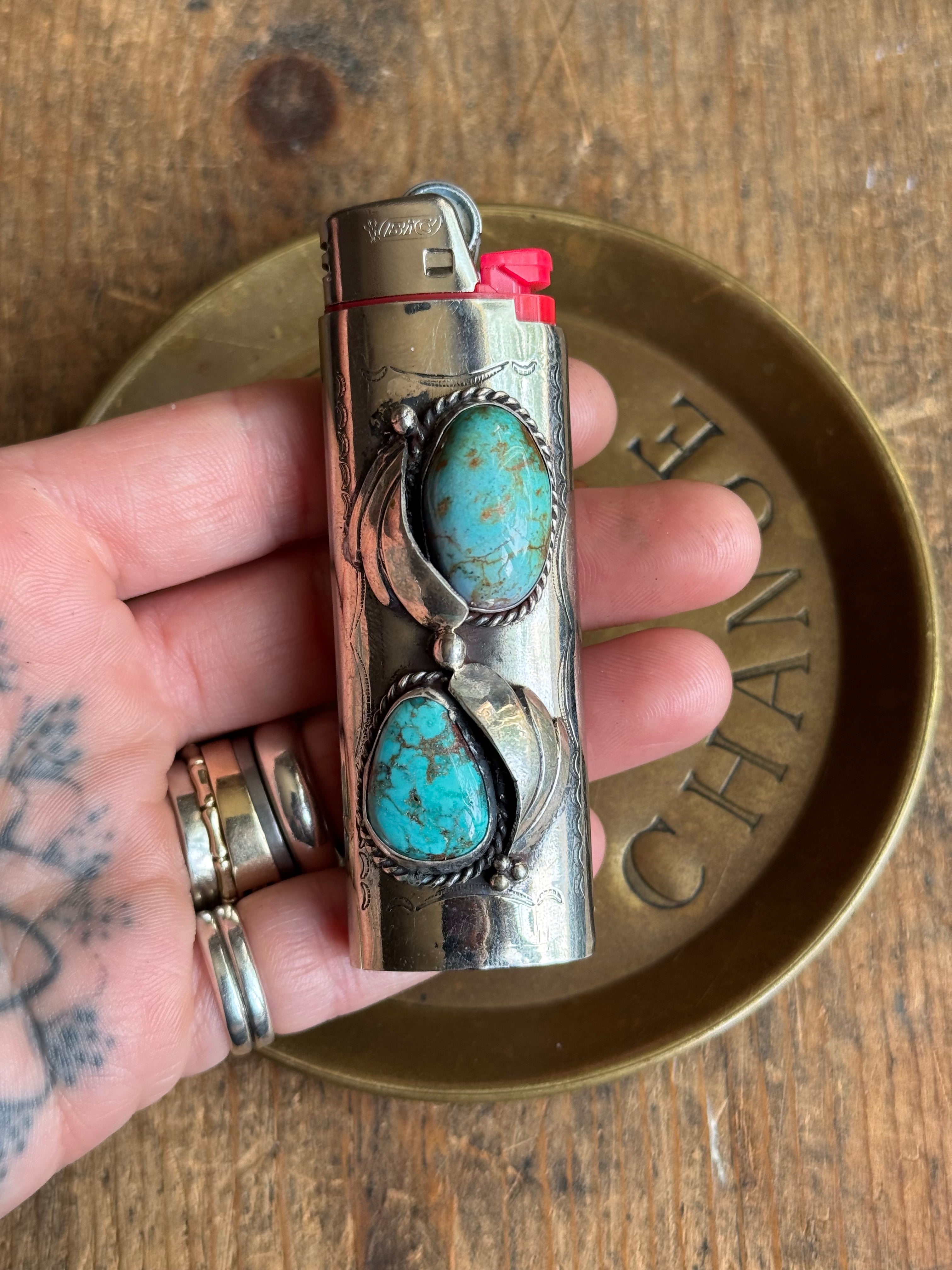 Vintage Stamped Nickel & Sterling Silver Turquoise Lighter Case