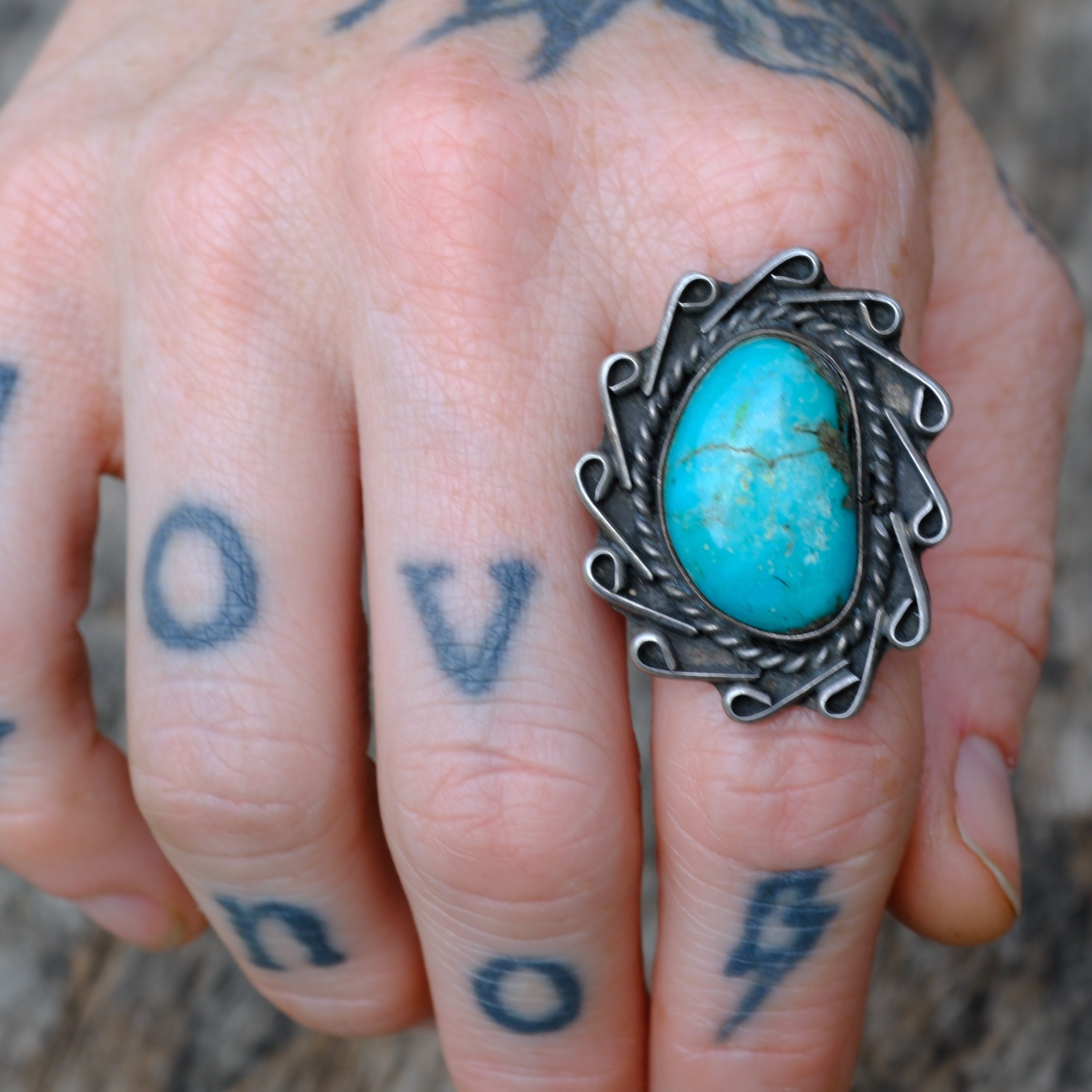 Vintage Sterling Turquoise Florette Ring 7.75