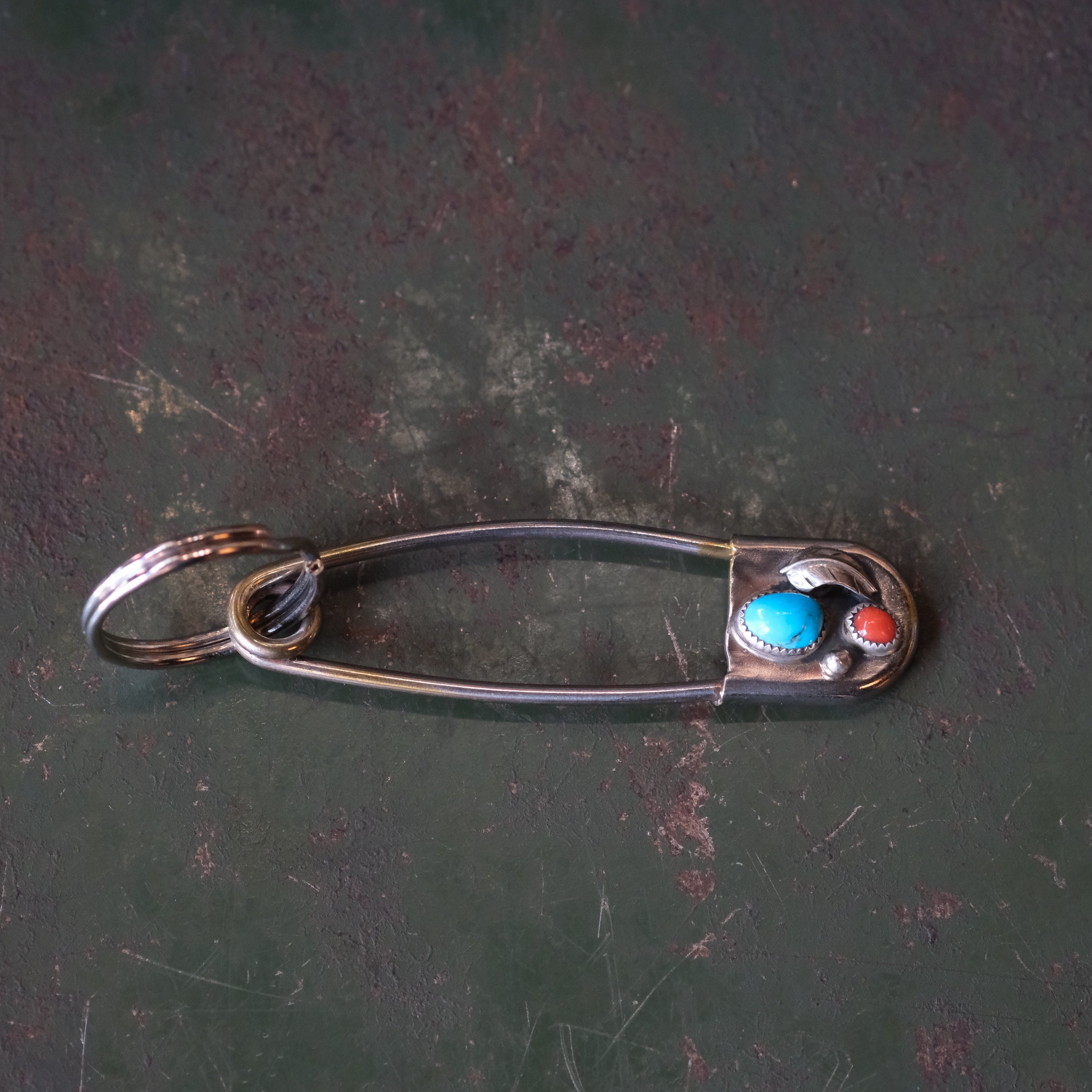 Vintage Turquoise and Coral Safety Pin Keychain 3"